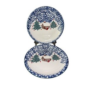 Folk Craft Cabin Scene Christmas Trees Plates Set of 2 Hand Painted